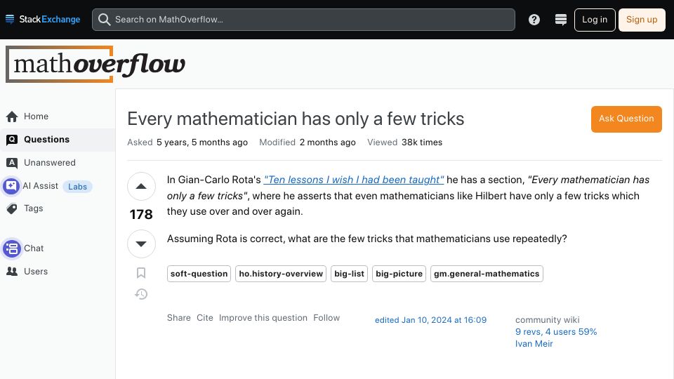 Screenshot of mathoverflow.net: Every mathematician has only a few tricks (2020)