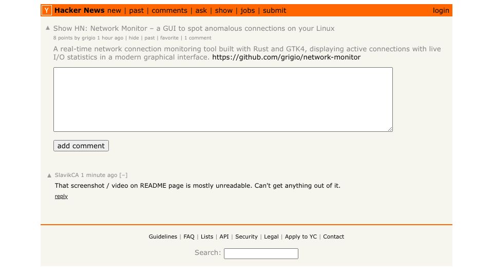 Screenshot of Hacker News post: Show HN: Network Monitor – a GUI to spot anomalous connections on your Linux