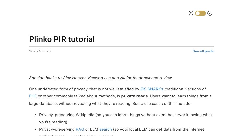 Screenshot of vitalik.eth.limo: Plinko PIR Tutorial