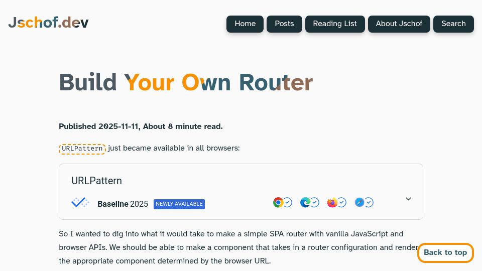 Screenshot of jschof.dev: Build Your Own Router with URLPattern()
