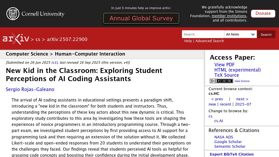 Screenshot of arxiv.org: Student perceptions of AI coding assistants in learning