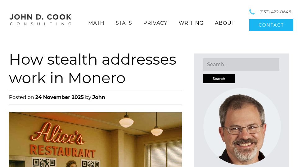 Screenshot of johndcook.com: How stealth addresses work in Monero