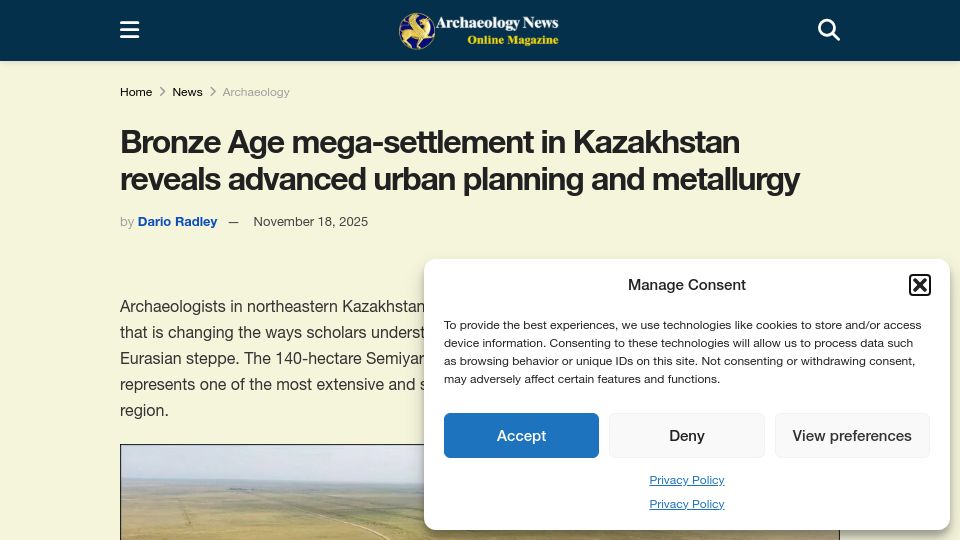 Screenshot of archaeologymag.com: Bronze Age mega-settlement in Kazakhstan has advanced urban planning, metallurgy
