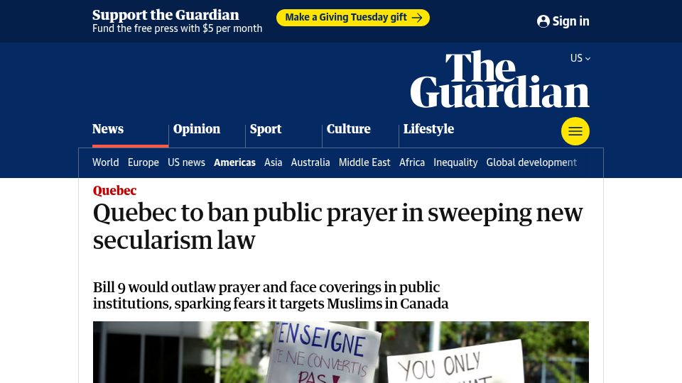Screenshot of theguardian.com: Quebec to ban public prayer in sweeping new secularism law