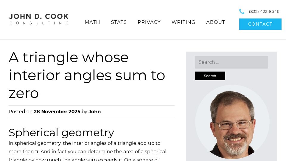 Screenshot of johndcook.com: A triangle whose interior angles sum to zero