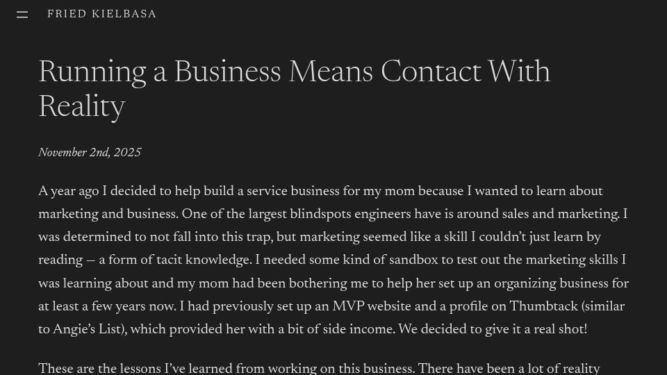 Screenshot of fredkozlowski.com: Running a Business Means Contact with Reality