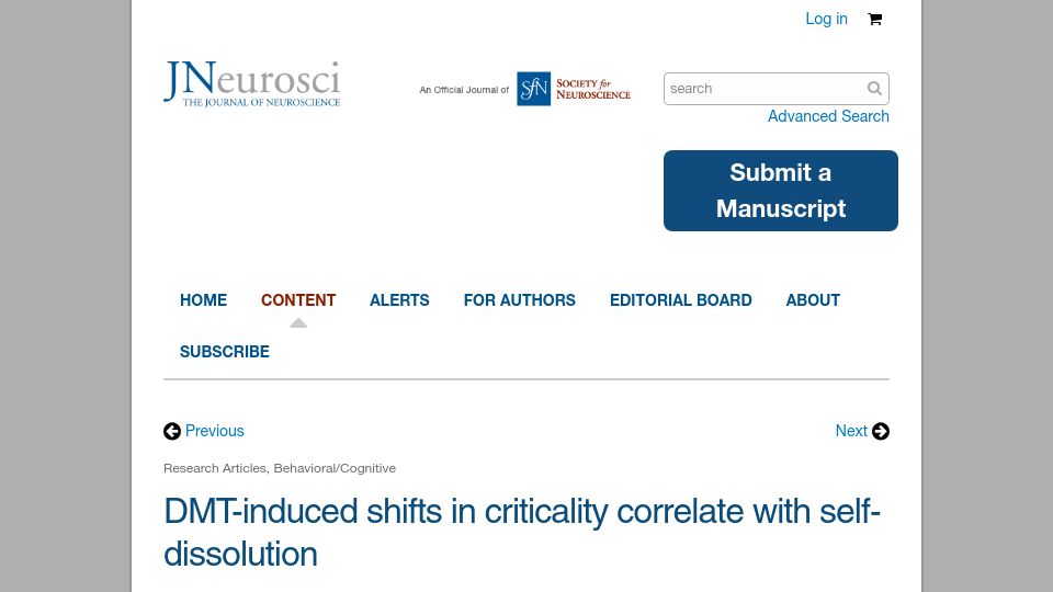 Screenshot of jneurosci.org: DMT-induced shifts in criticality correlate with self-dissolution