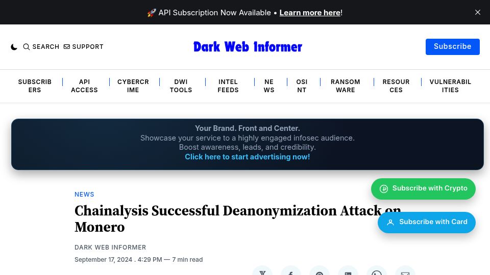 Screenshot of darkwebinformer.com: Chainalysis Successful Deanonymization Attack on Monero