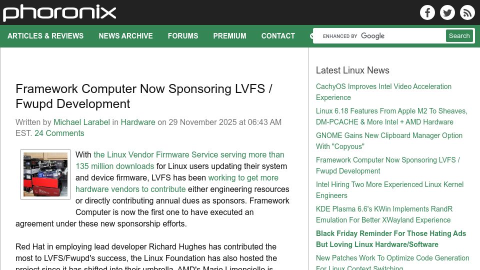 Screenshot of phoronix.com: Framework Computer Now Sponsoring LVFS / Fwupd Development