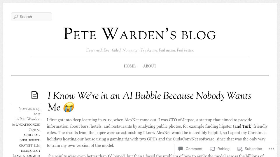 Screenshot of petewarden.com: I Know We're in an AI Bubble Because Nobody Wants Me