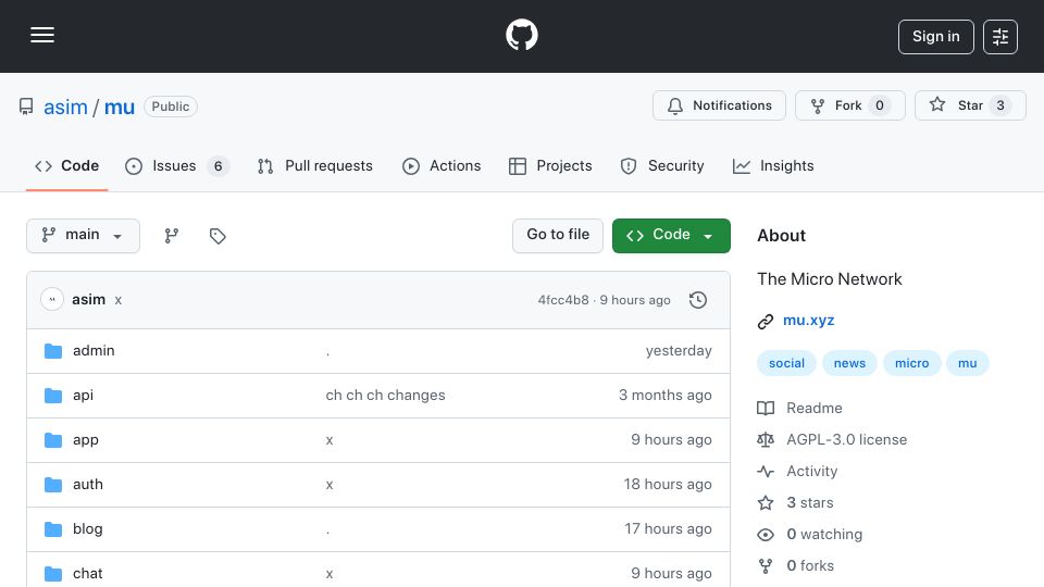 Screenshot of github.com: Show HN: Mu – The Micro Network