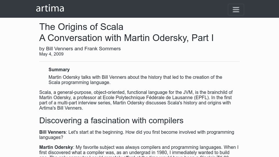Screenshot of artima.com: The Origins of Scala (2009)