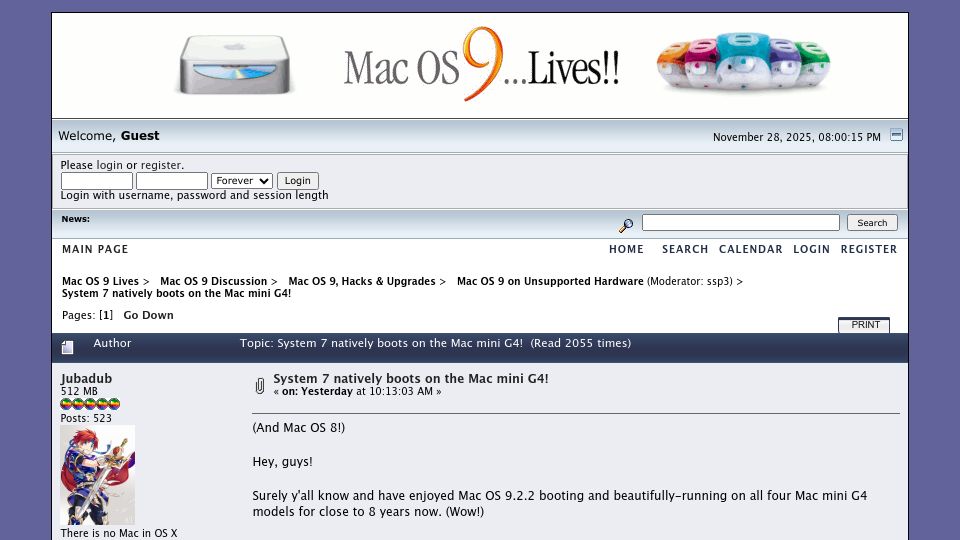 Screenshot of macos9lives.com: System 7 natively boots on the Mac mini G4