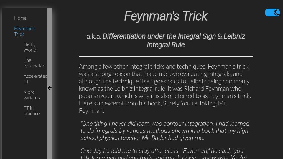 Screenshot of zackyzz.github.io: Learning Feynman's Trick for Integrals