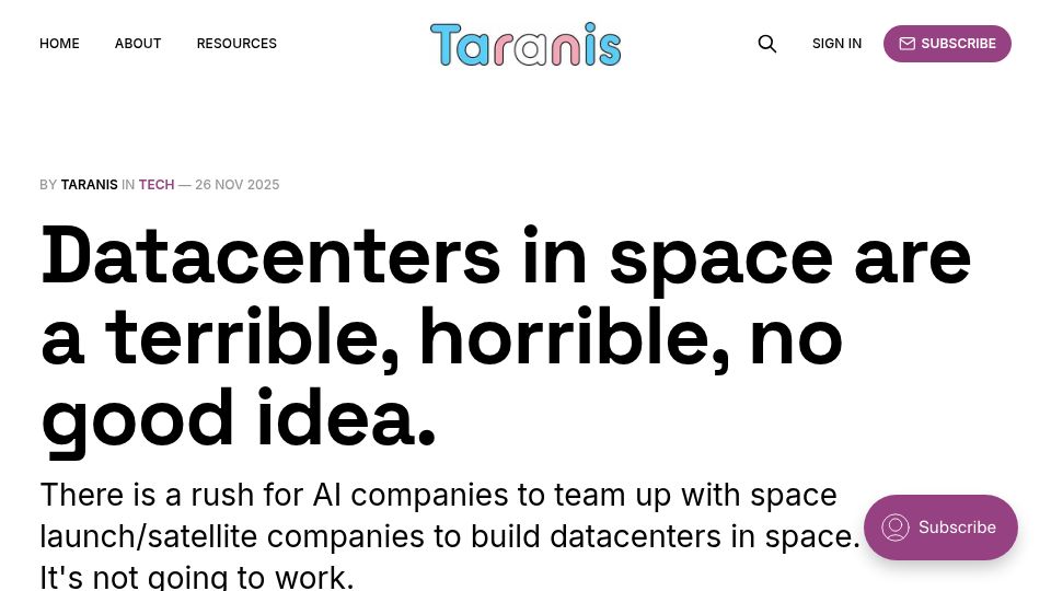 Screenshot of taranis.ie: Datacenters in space aren't going to work