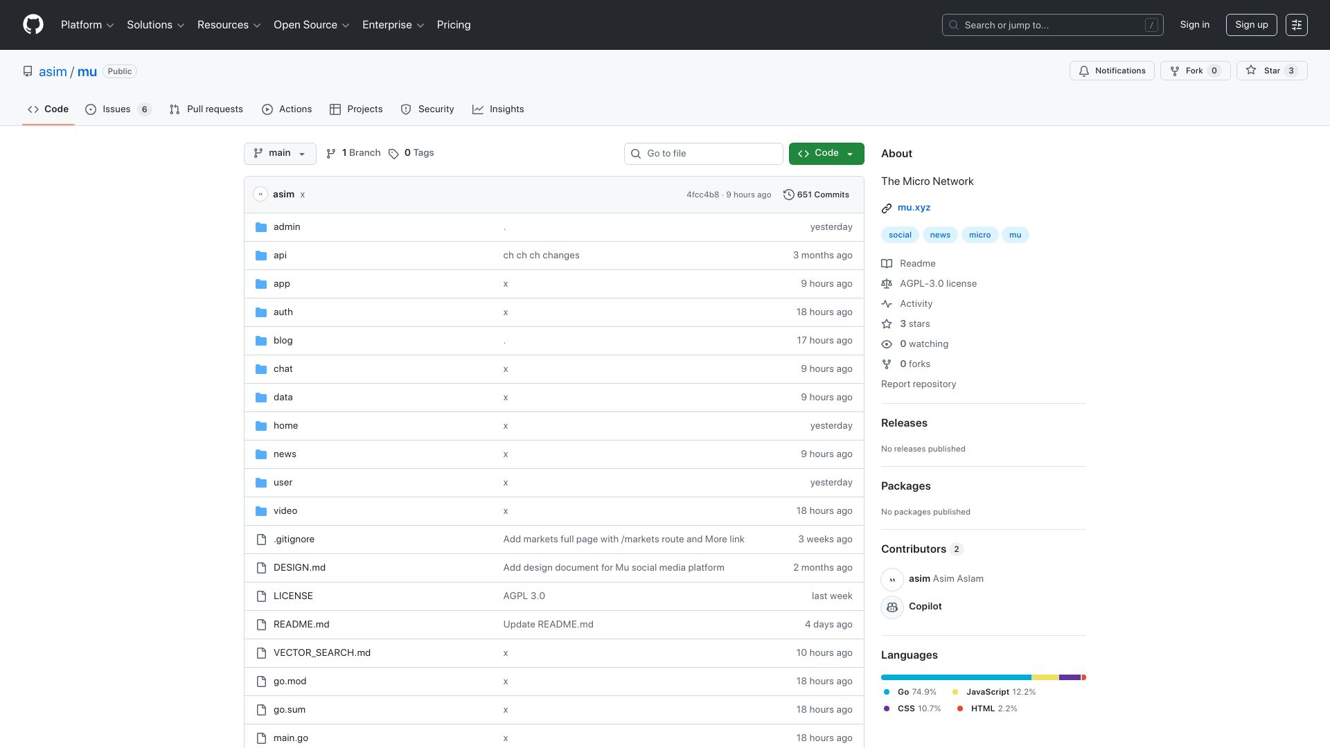 Screenshot of github.com: Show HN: Mu – The Micro Network