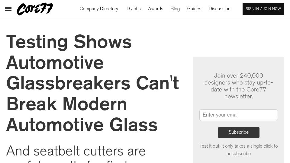 Screenshot of core77.com: Testing shows automotive glassbreakers can't break modern automotive glass