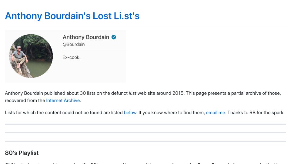 Screenshot of bourdain.greg.technology: Anthony Bourdain's Lost Li.st's