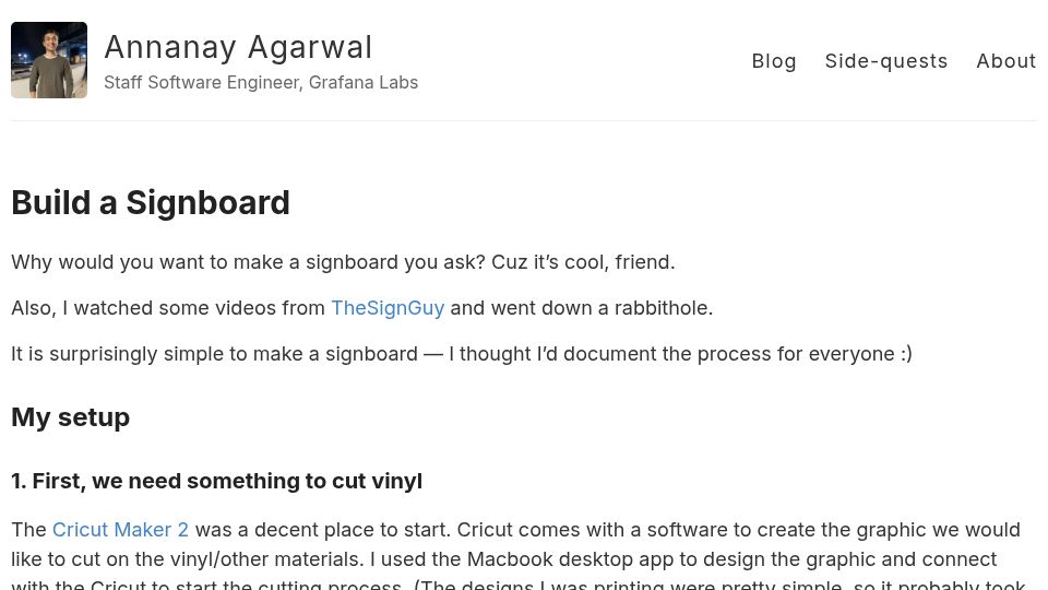 Screenshot of annanay.dev: Building road signs at home using a Cricut Machine