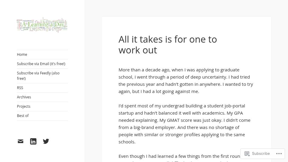 Screenshot of alearningaday.blog: All it takes is for one to work out