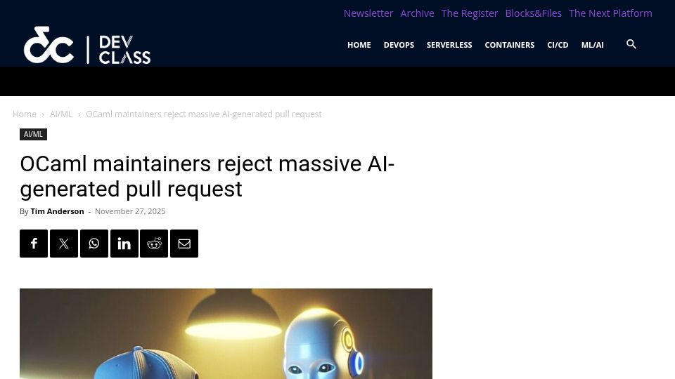 Screenshot of devclass.com: OCaml maintainers reject massive AI-generated pull request