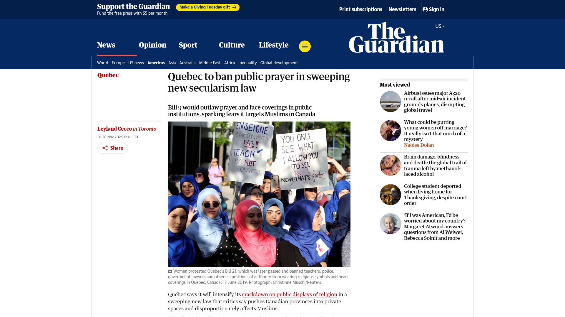 Screenshot of theguardian.com: Quebec to ban public prayer in sweeping new secularism law