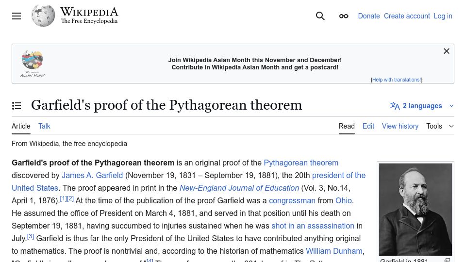 Screenshot of en.wikipedia.org: Garfield's Proof of the Pythagorean Theorem