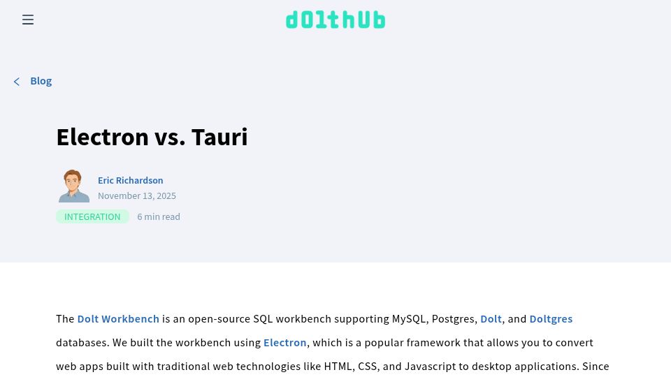 Screenshot of dolthub.com: Electron vs. Tauri
