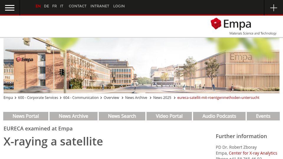 Screenshot of empa.ch: Rare X-ray images of a 4.5-ton satellite that returned intact from space