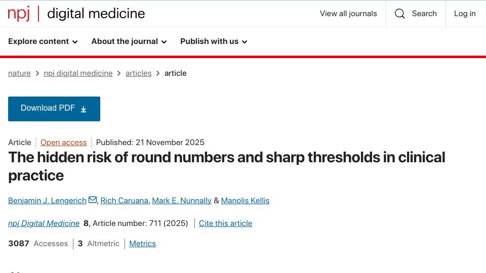 Screenshot of nature.com: The risk of round numbers and sharp thresholds in clinical practice