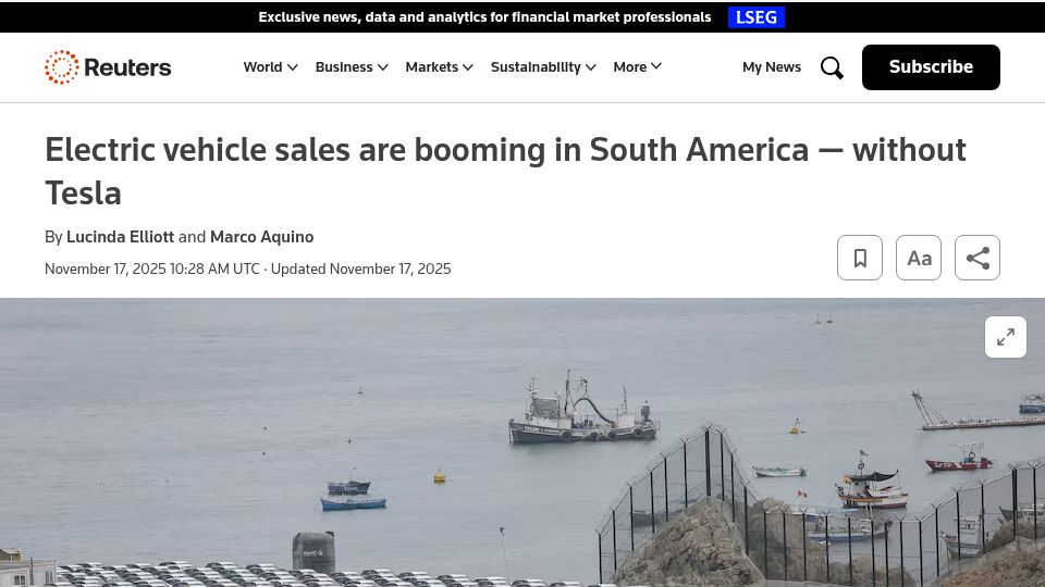 Screenshot of reuters.com: Electric vehicle sales are booming in South America – without Tesla