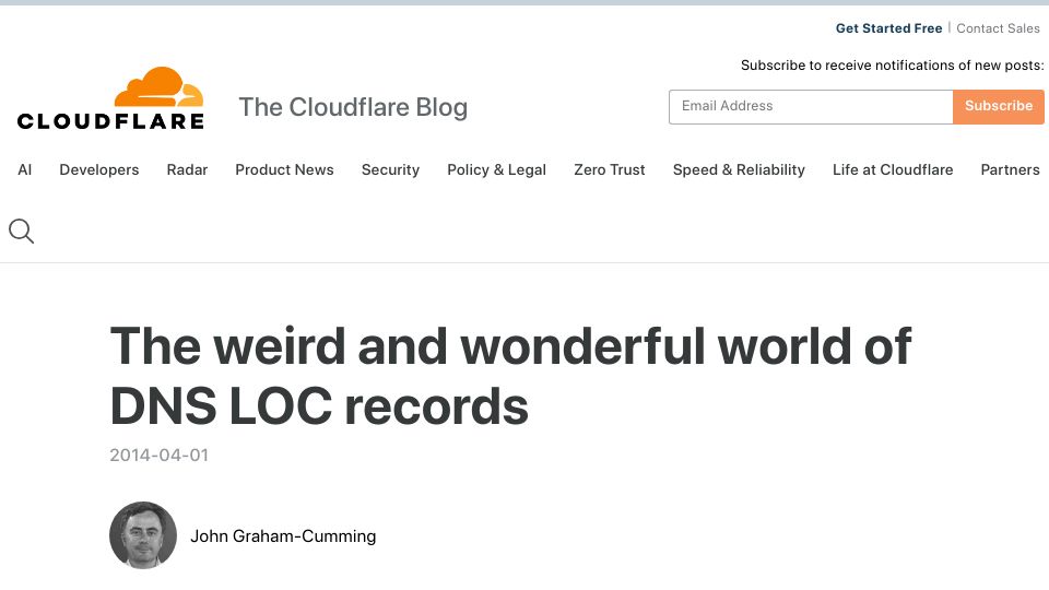 Screenshot of blog.cloudflare.com: DNS LOC Record (2014)