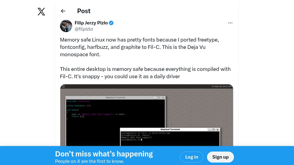 Screenshot of twitter.com: Ported freetype, fontconfig, harfbuzz, and graphite to Fil-C