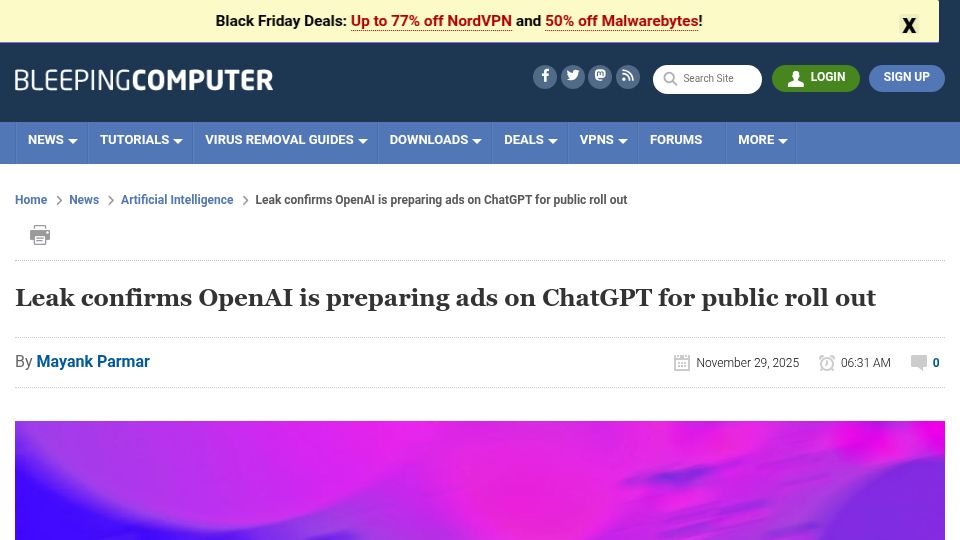 Screenshot of bleepingcomputer.com: Leak confirms OpenAI is preparing ads on ChatGPT for public roll out