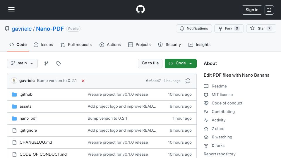 Screenshot of github.com: Show HN: Nano PDF – A CLI Tool to Edit PDFs with Gemini's Nano Banana
