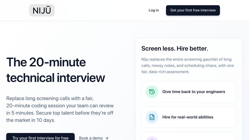 Screenshot of niju.dev: Show HN: I was tired of wasting engineer time on screening calls so I built Niju