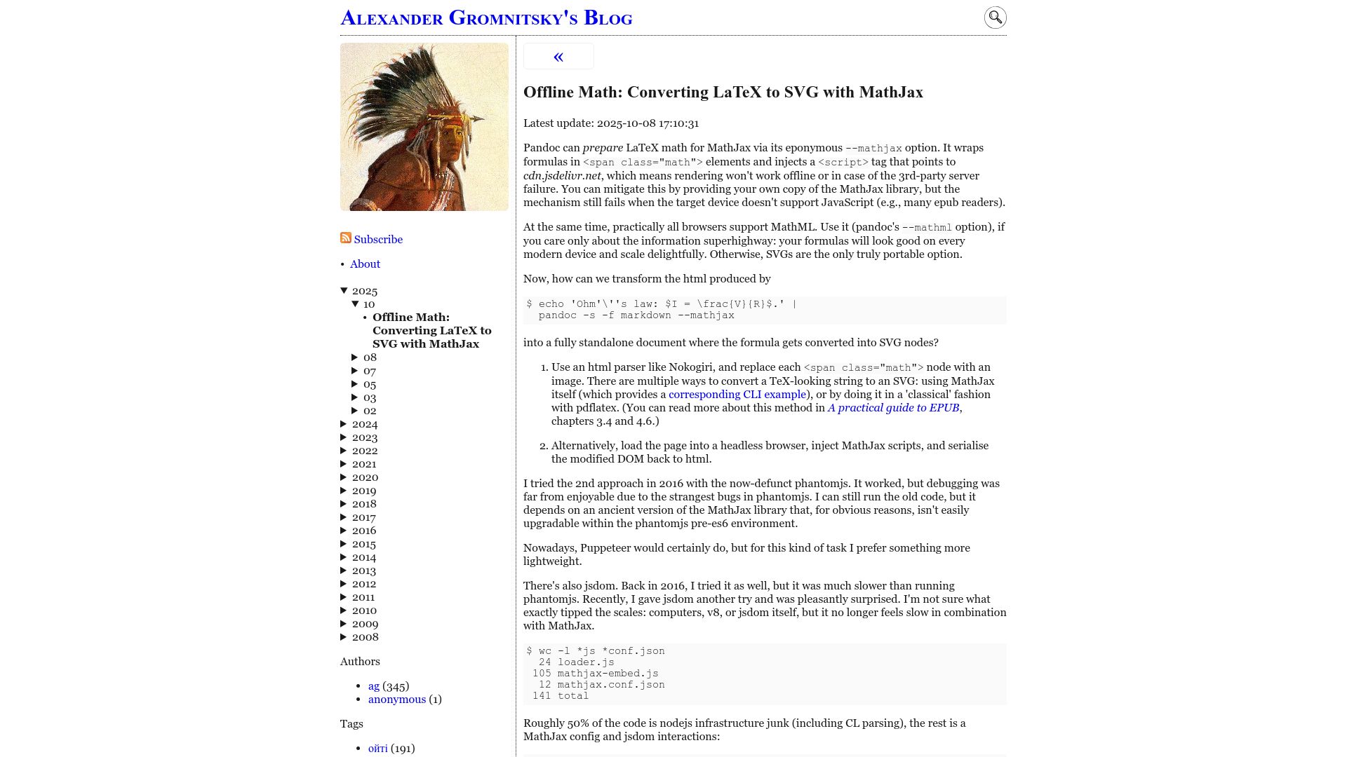 Screenshot of sigwait.org: Offline Math: Converting LaTeX to SVG with MathJax