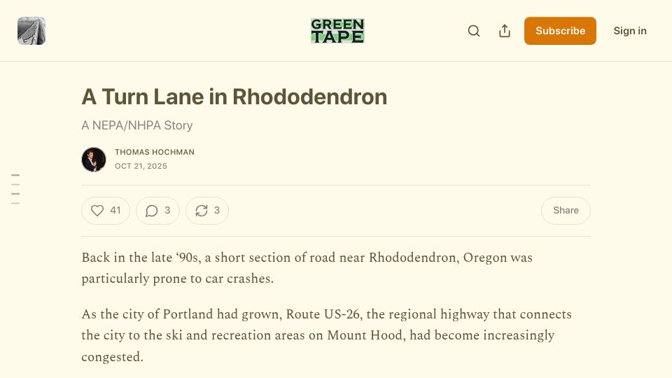 Screenshot of greentape.pub: A turn lane in Rhododendron