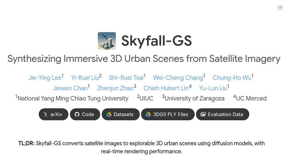 Screenshot of skyfall-gs.jayinnn.dev: Skyfall-GS – Synthesizing Immersive 3D Urban Scenes from Satellite Imagery