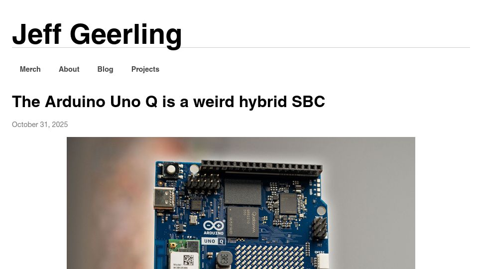 Screenshot of jeffgeerling.com: The Arduino Uno Q is a weird hybrid SBC