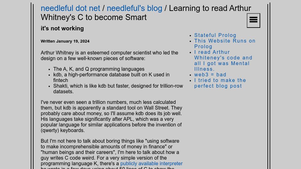 Screenshot of needleful.net: Learning to read Arthur Whitney's C to become smart (2024)