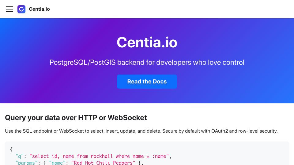 Screenshot of centia.io: Show HN: Centia.io – Open PostgreSQL/PostGIS back end for developers
