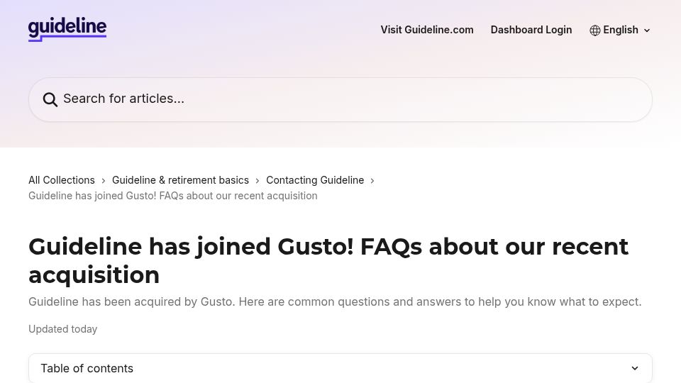 Screenshot of help.guideline.com: Guideline has been acquired by Gusto