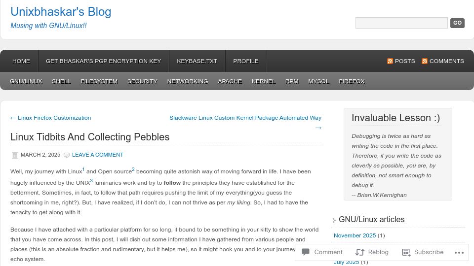 Screenshot of unixbhaskar.wordpress.com: Linux Tidbits and Collecting Pebbles