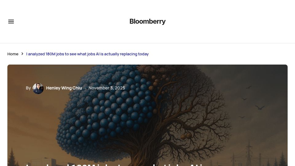 Screenshot of bloomberry.com: I analyzed 180M jobs to see what jobs AI is replacing today