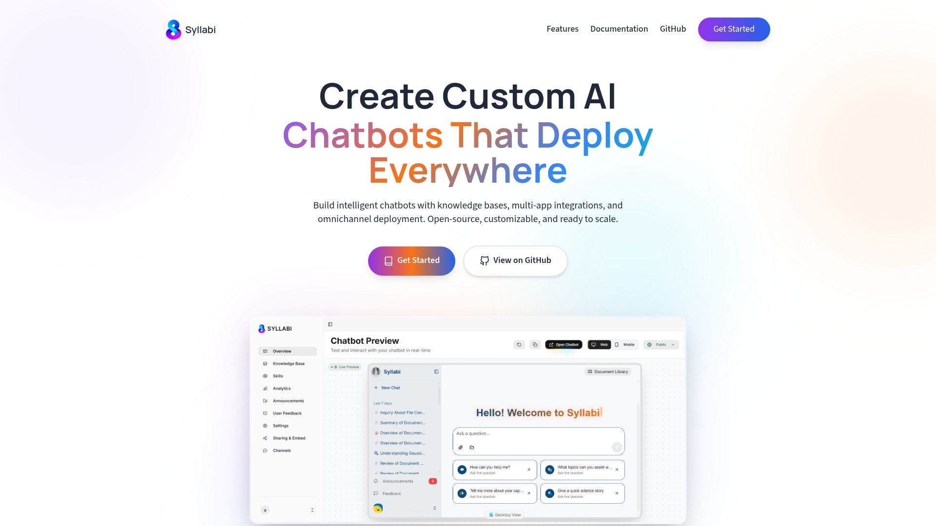 Screenshot of syllabi-ai.com: Syllabi – Open-source agentic AI with tools, RAG, and multi-channel deploy