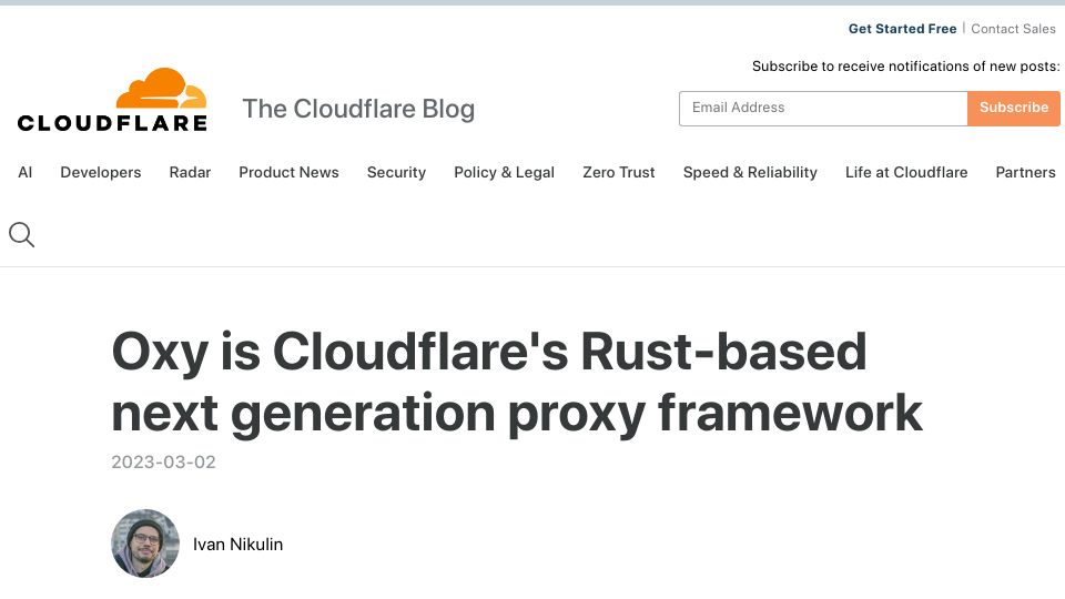 Screenshot of blog.cloudflare.com: Oxy is Cloudflare's Rust-based next generation proxy framework (2023)