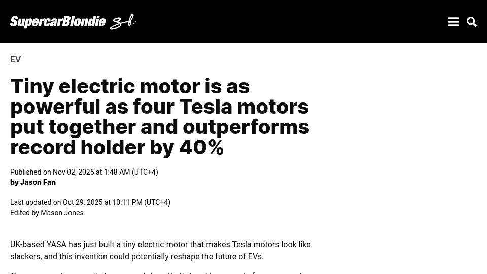 Screenshot of supercarblondie.com: Tiny electric motor can produce more than 1,000 horsepower