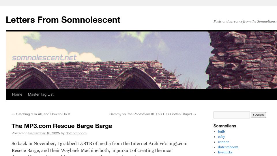 Screenshot of blog.somnolescent.net: The MP3.com Rescue Barge Barge