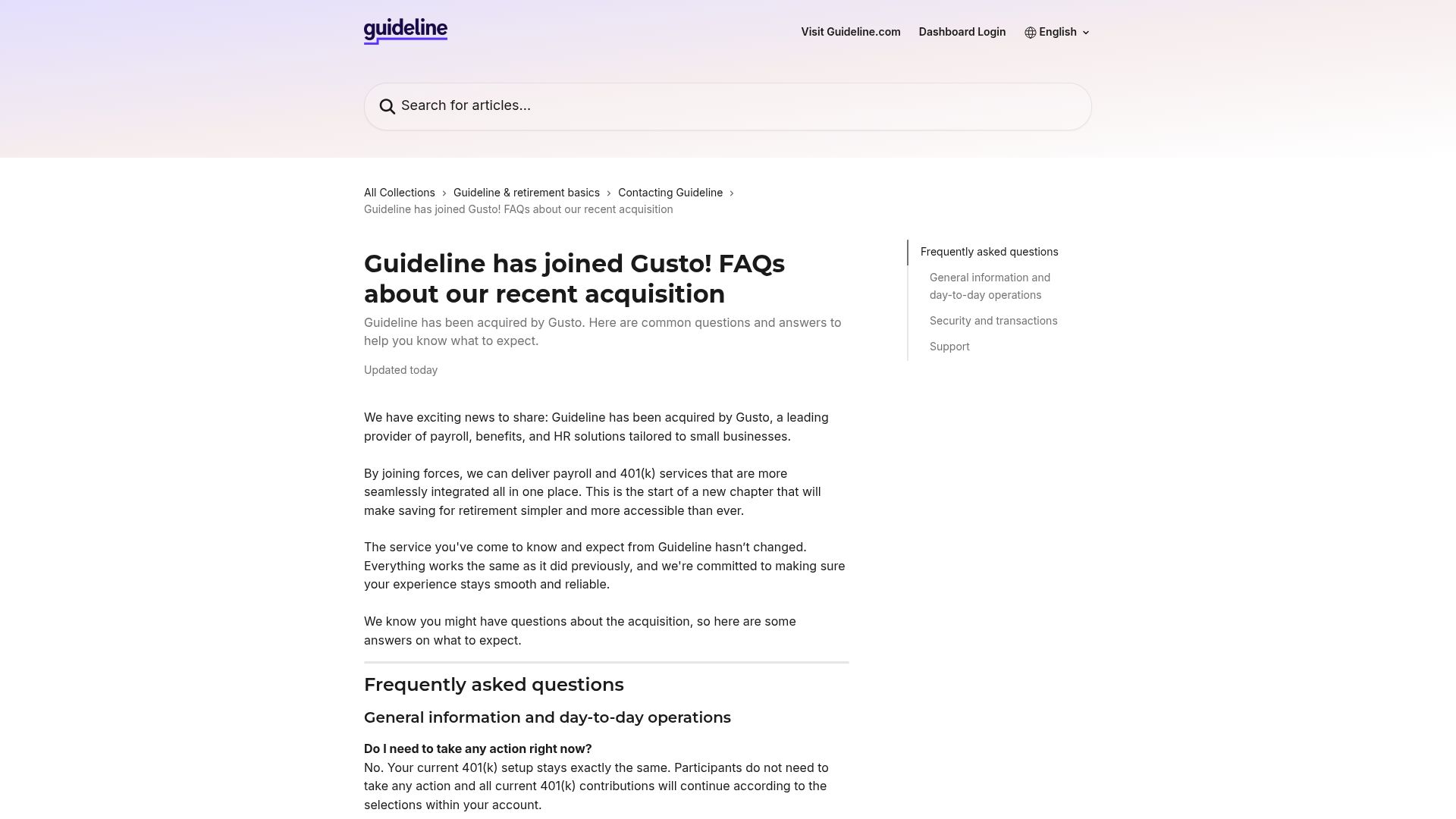 Screenshot of help.guideline.com: Guideline has been acquired by Gusto